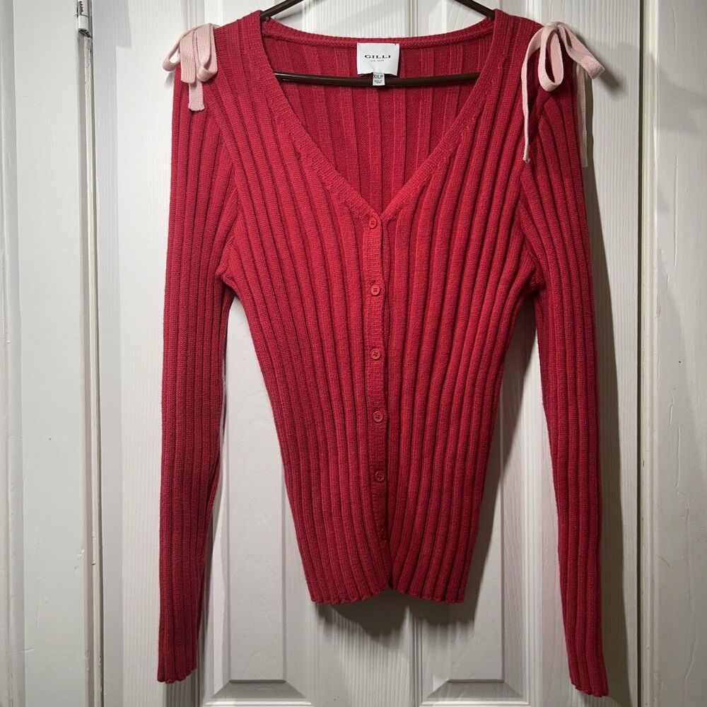Gilli Ribbed Knit Cardigan XXL Petite Red Pink Bows Coquette Aesthetic Soft Girl
